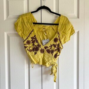 Free People Yellow Brown Embroidered V-Neck Crop Top Women's Size X-Small XS